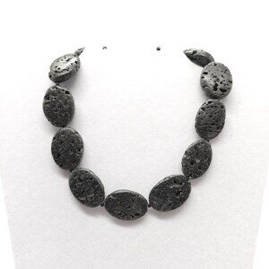 Chunky Black Lava Rock Beaded Necklace Sterling Toggle Clasp 16 Inches Long